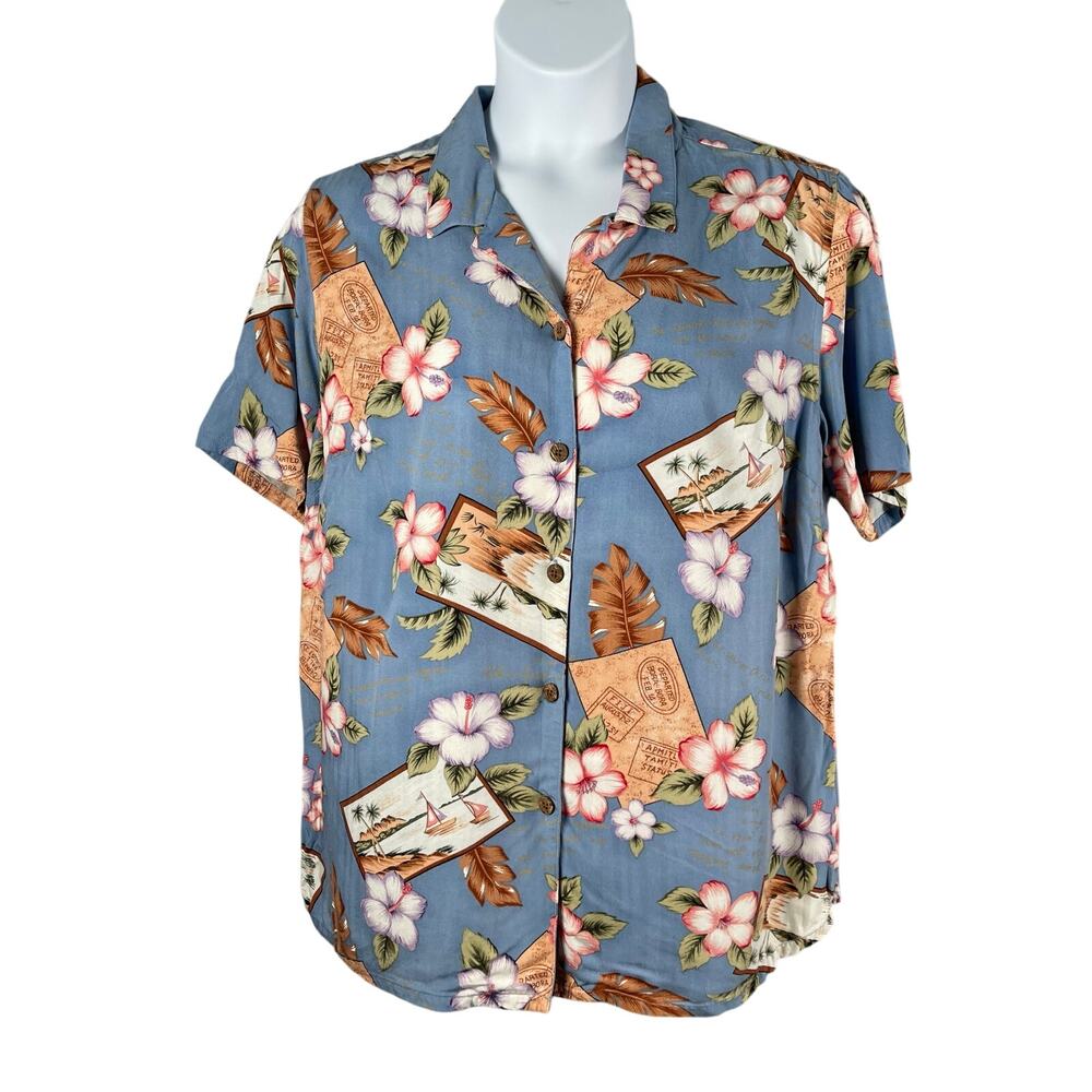 La Cabana Blouse Womens 14W‎ 16W Hawaiian Floral Rayon Button Front Top